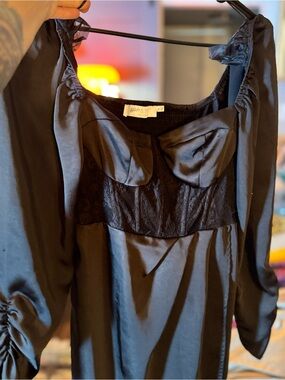 Astr Black Satin Lace-Trim Long Sleeve Midi Dress